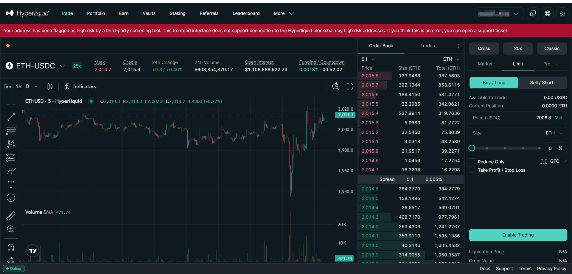 Hyperliquid frontend high-risk address warning screenshot