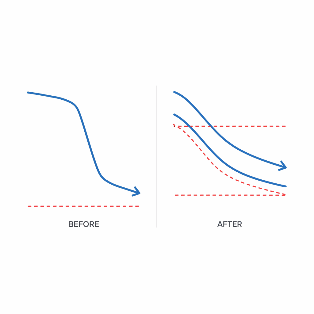 Before and after stress test outflow curves showing steep extraction versus controlled ramp