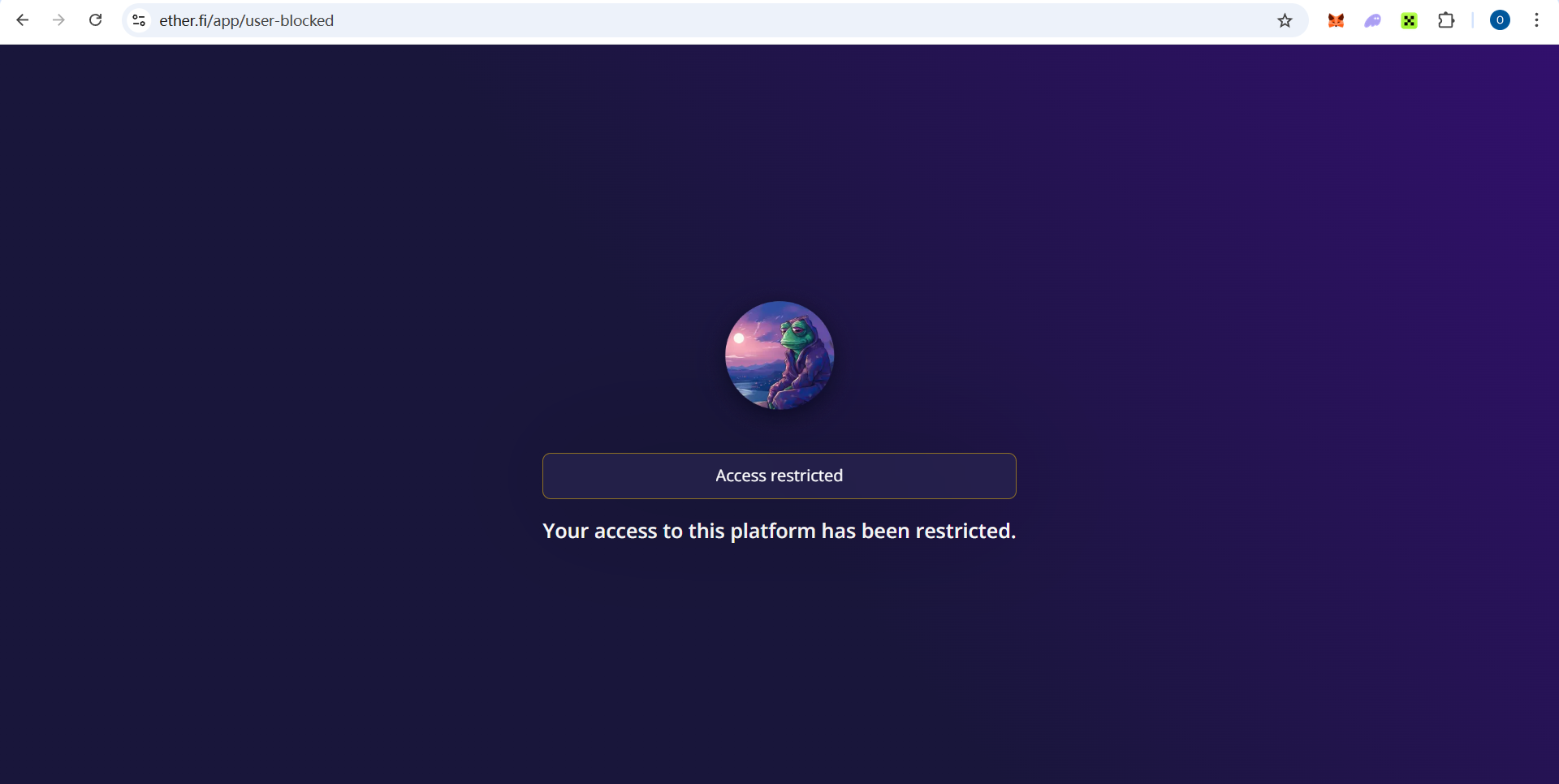 ether.fi wallet connected screen showing Access restricted message