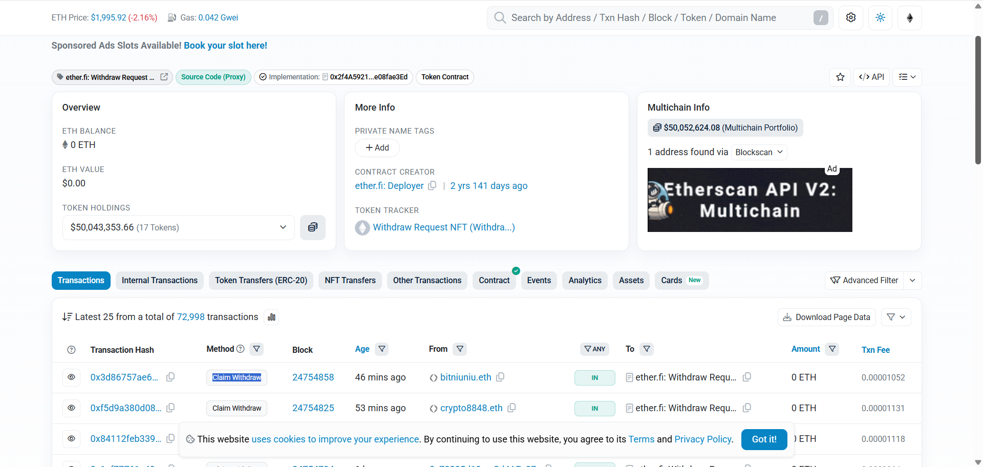 Etherscan WithdrawRequestNFT contract showing recent Claim Withdraw transactions